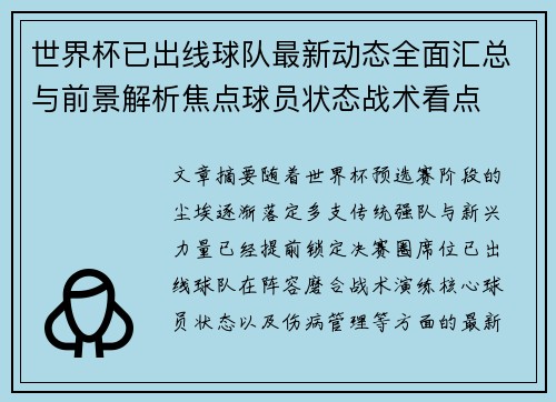 世界杯已出线球队最新动态全面汇总与前景解析焦点球员状态战术看点